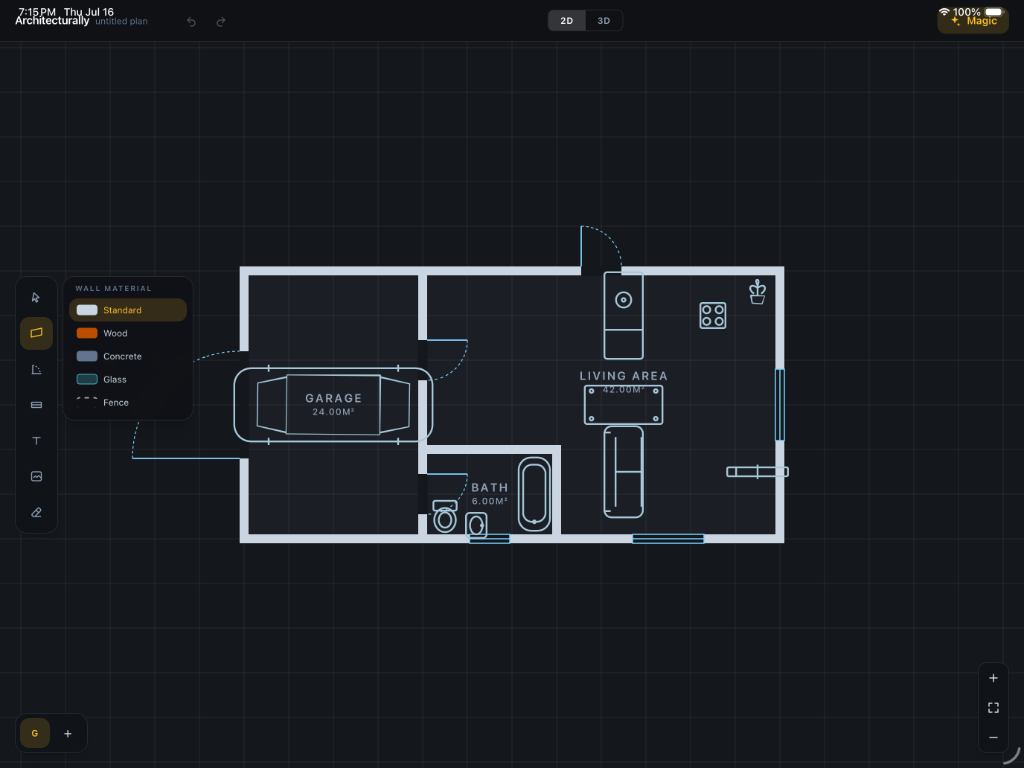 Architecturally iPad app simulator screenshot showing floor plan editor