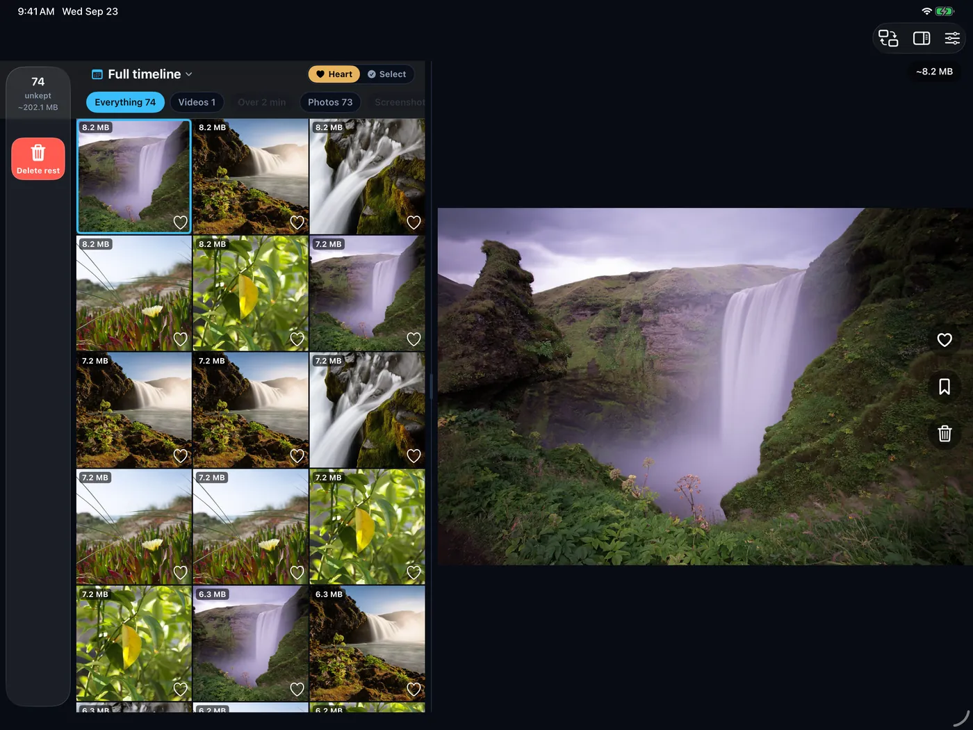 ClearSpace on iPad: a photo grid with each file’s size, and the selected waterfall photo open beside it