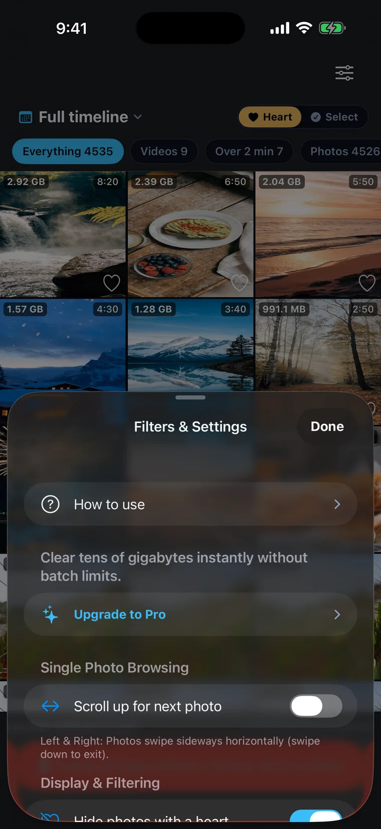 ClearSpace's Filters & Settings sheet over the grid, showing a How to use row, an Upgrade to Pro row, a Single Photo Browsing section with a 'Scroll up for next photo' toggle, and a Display & Filtering section beginning with 'Hide photos with a heart'.