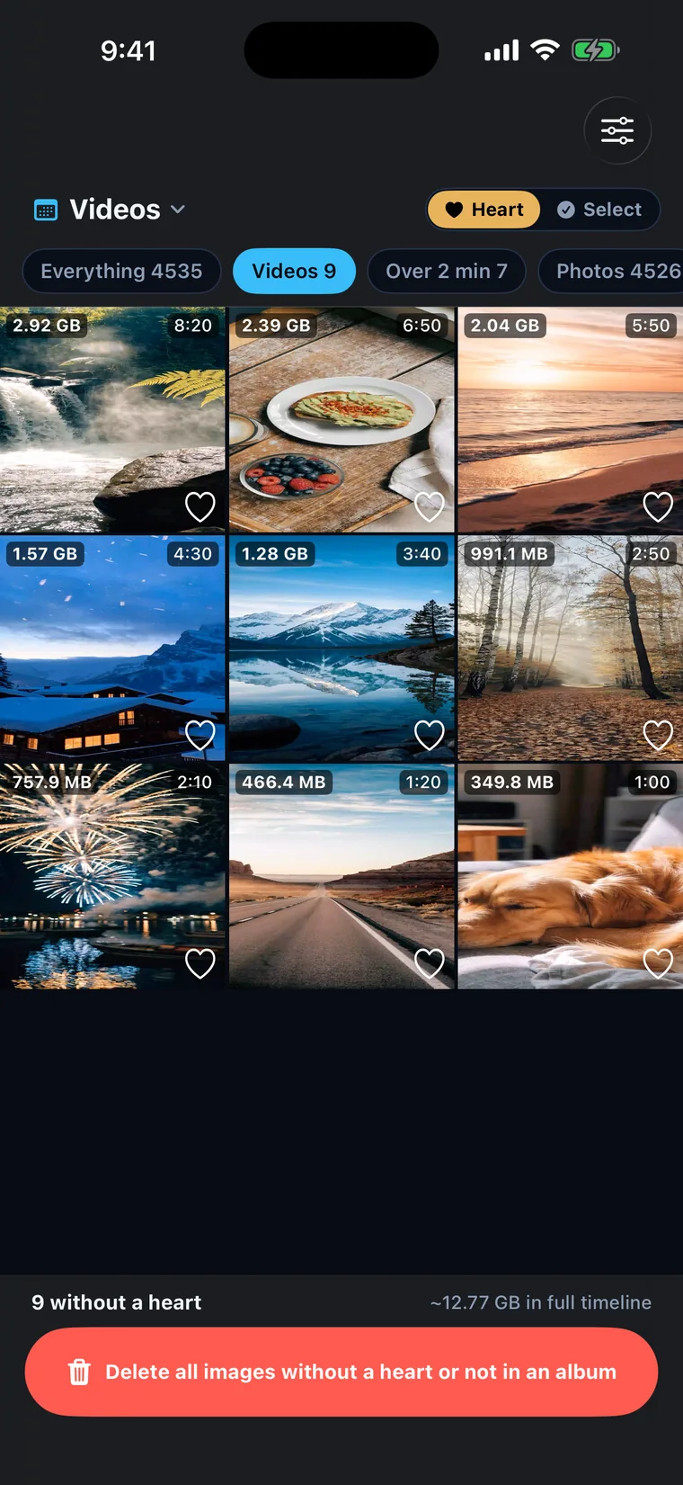 ClearSpace with the Videos filter active: only nine clips remain in the grid, and the bottom bar reads '9 without a heart — ~12.77 GB in full timeline'.