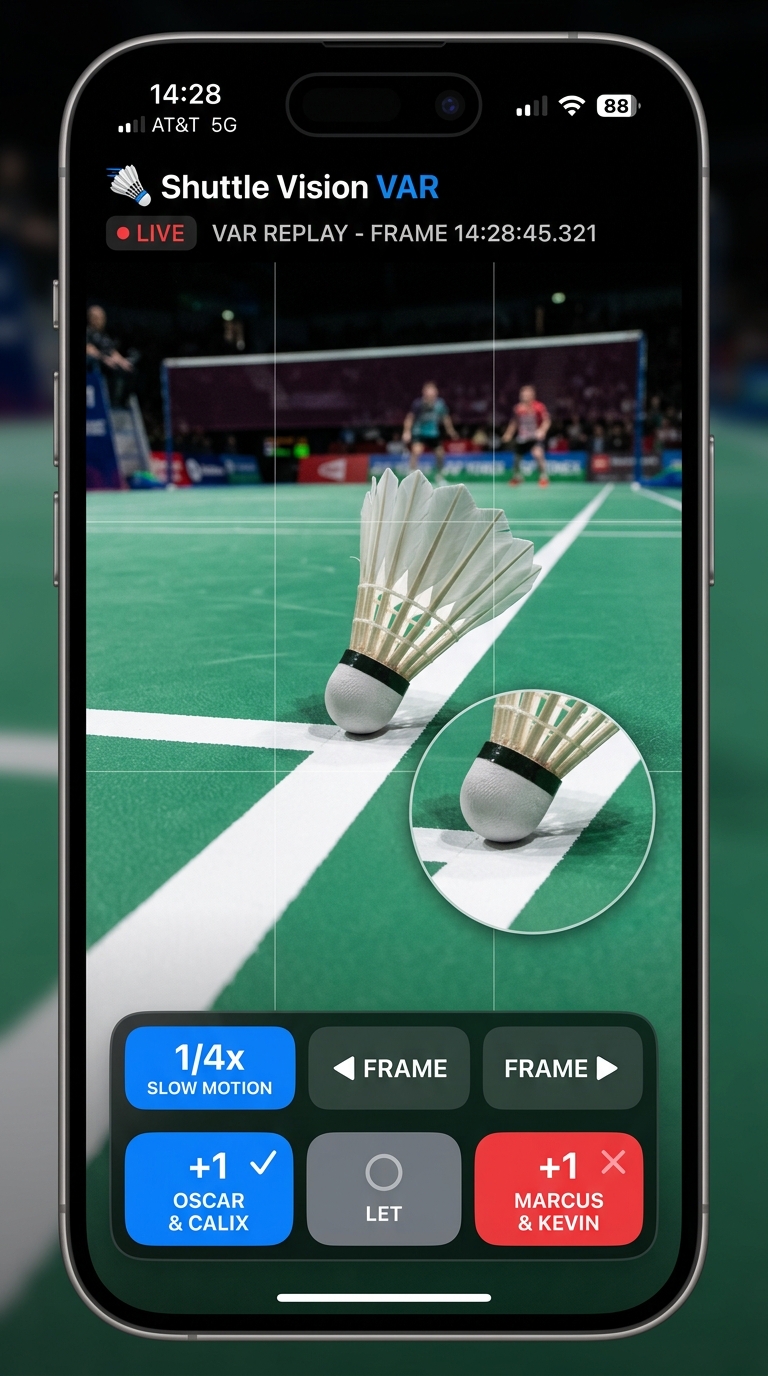 Shuttle Vision VAR Decision Replay screen with slow-motion and 1-tap decision buttons