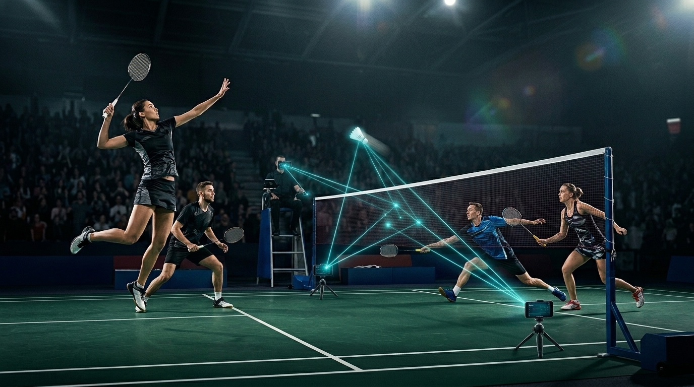 Shuttle Vision 3D Court Rig Diagram with 2 Net Cameras and 1 Umpire Chair Camera Triangulating Rays