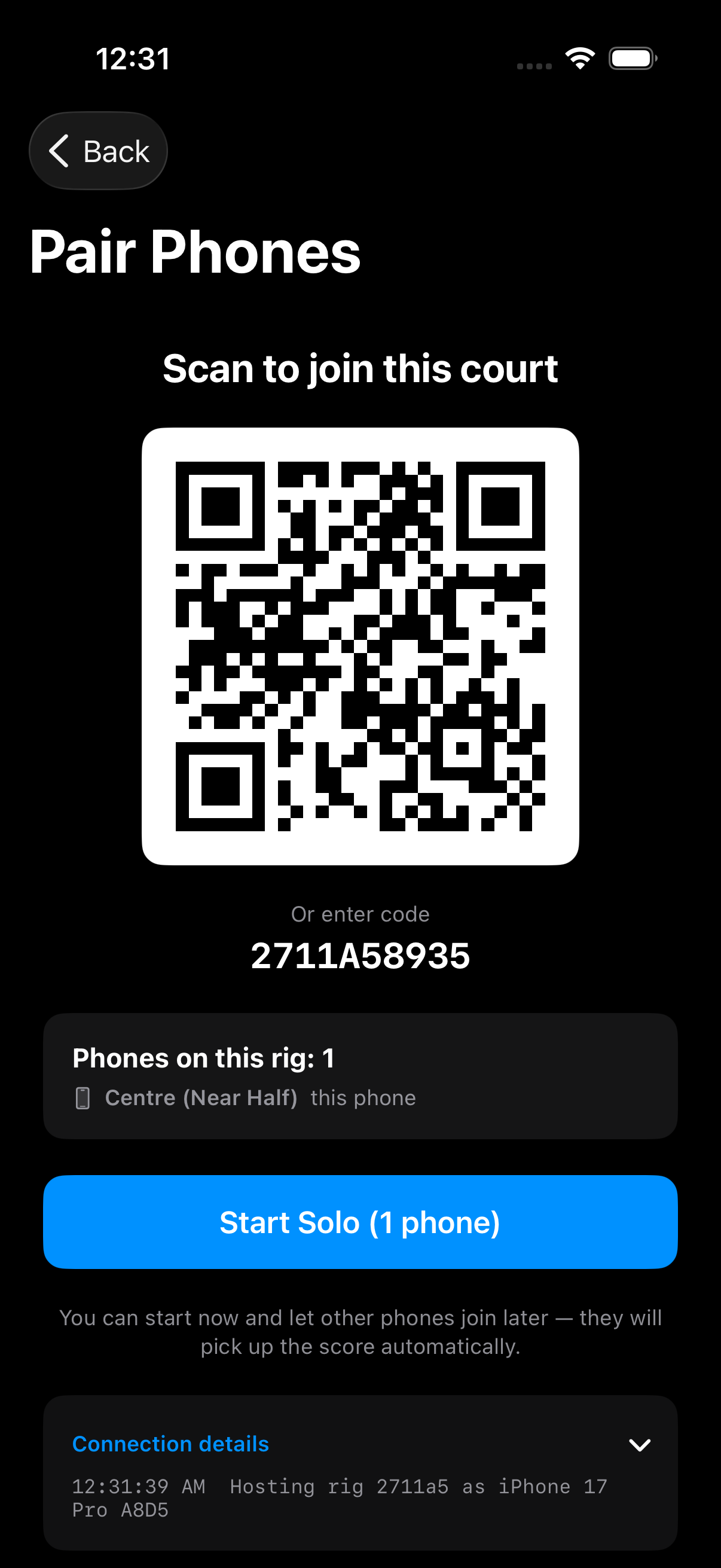 Shuttle Vision Pair Phones screen on iPhone showing the court pairing QR code, join code and connected rig roster