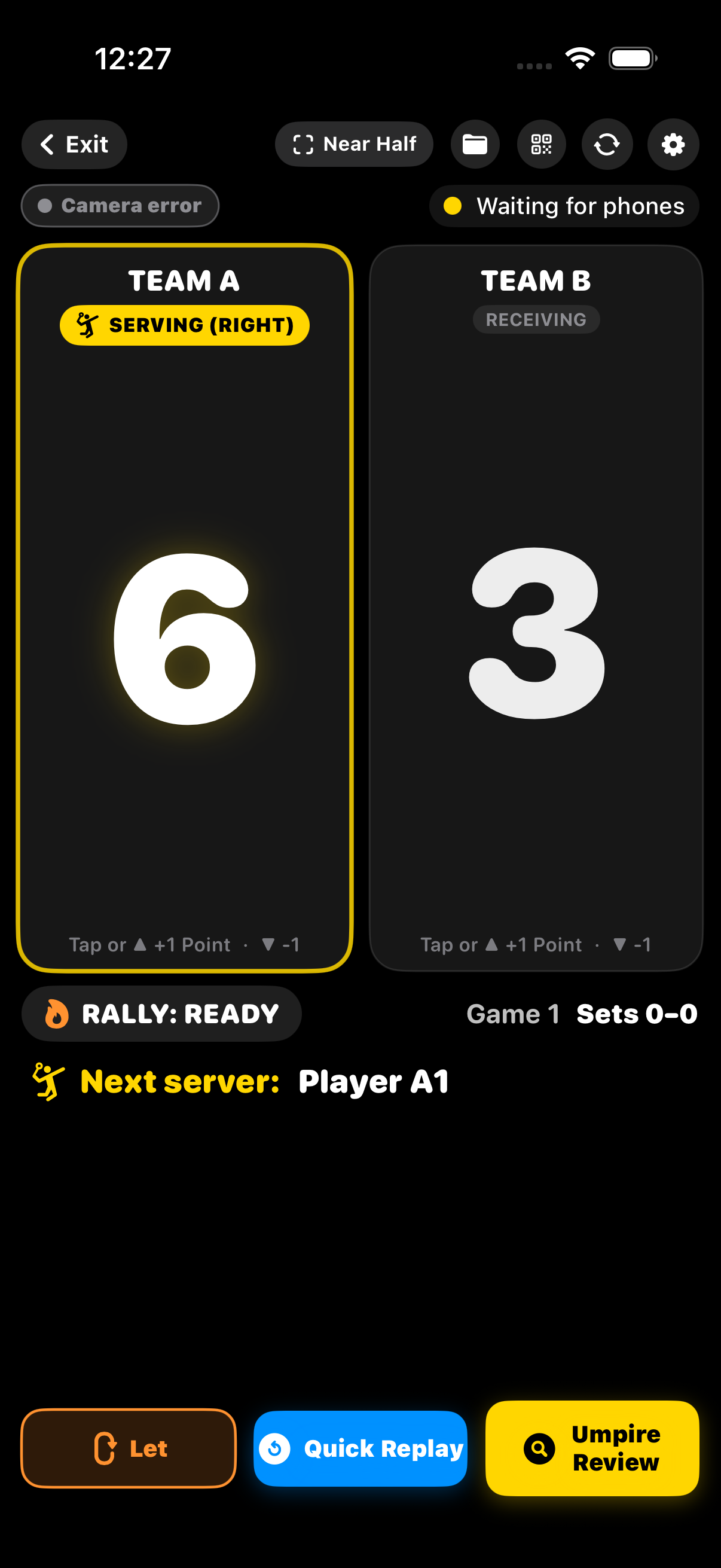 Shuttle Vision BWF match scoreboard on iPhone showing serve indicator, Let, Quick Replay and Umpire Review controls