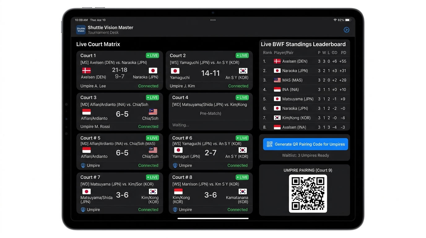 Shuttle Vision Master Tournament Desk on iPad with 8-court live grid and BWF standings leaderboard