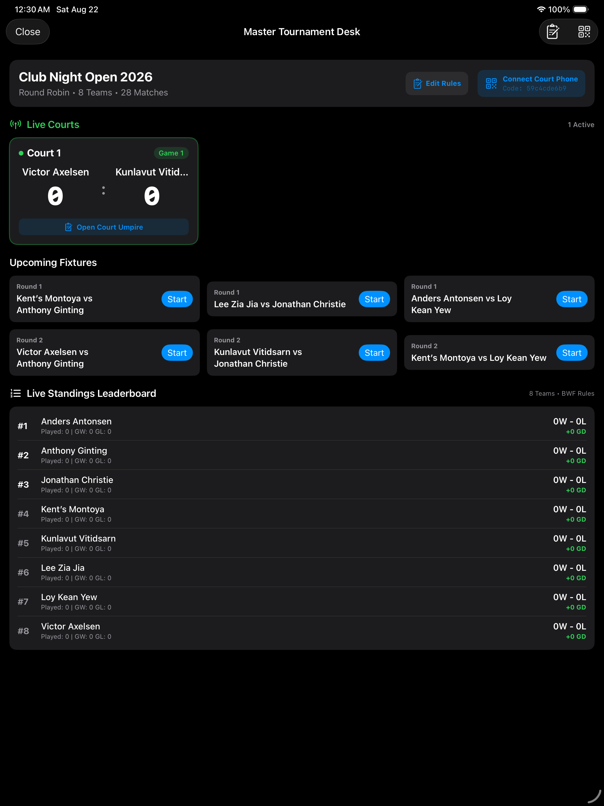 Shuttle Vision Master Tournament Desk on iPad showing a live court, upcoming fixtures and the live BWF standings leaderboard