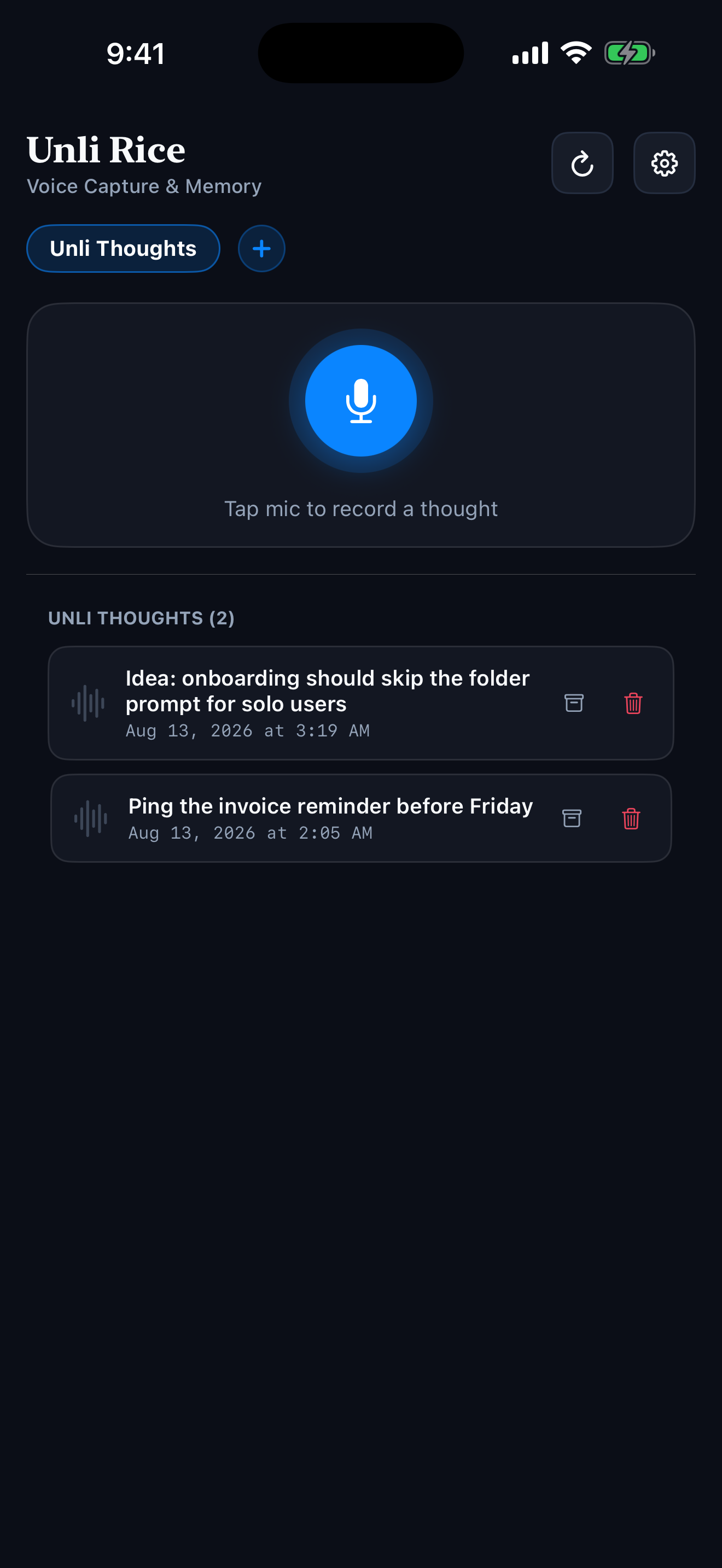Unli Rice iOS Capture note list in dark mode, showing recorded thoughts and the microphone button