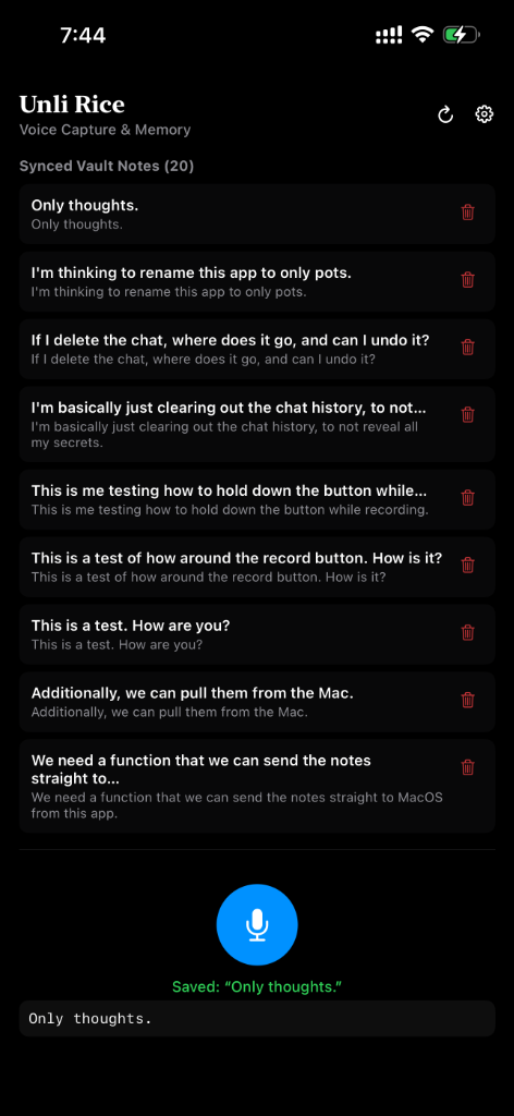 Unli Rice iOS Capture preview showing synced vault notes, microphone button, and trash controls