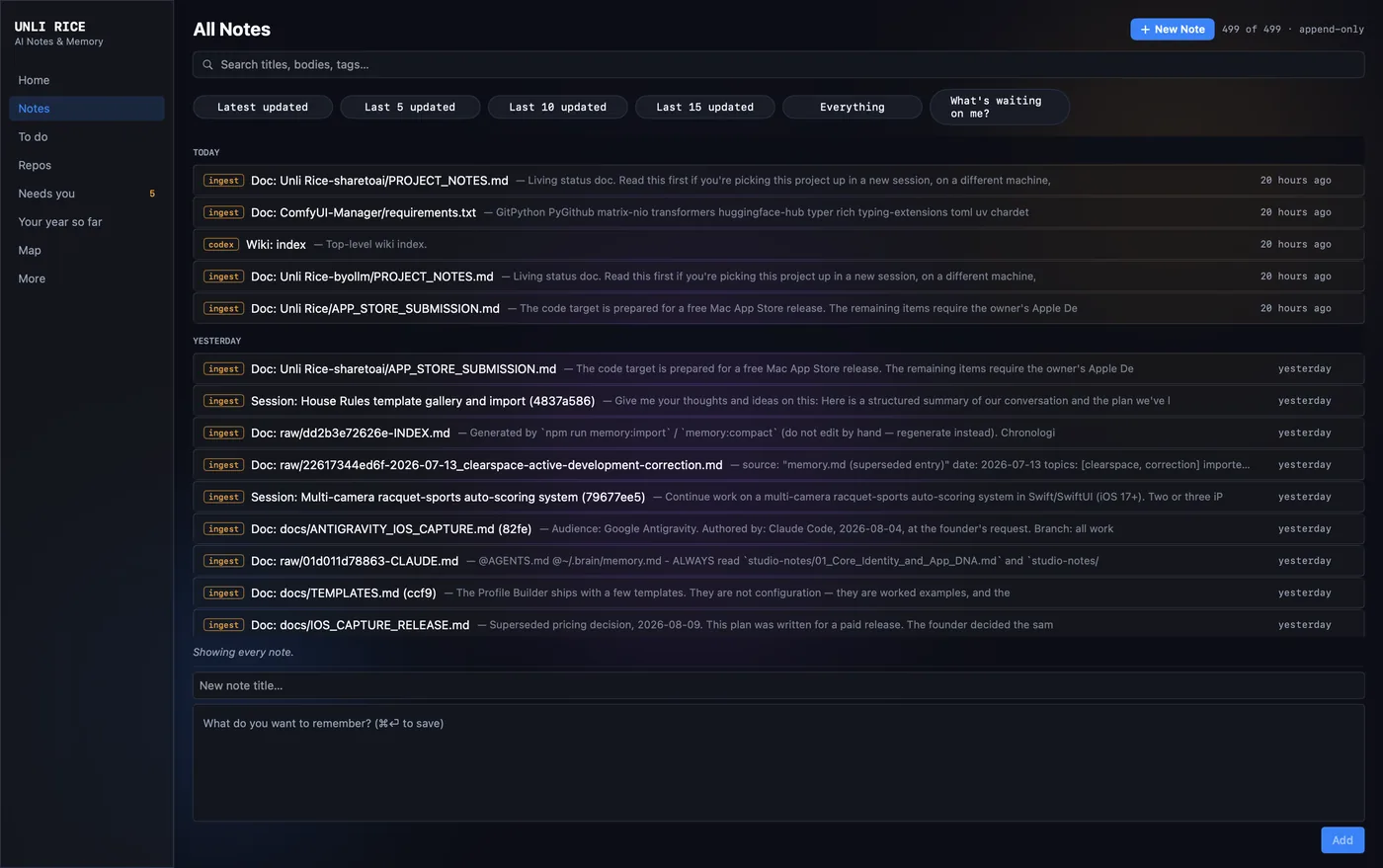 Unli Rice Notes — searchable list of every note, with source tags and timestamps