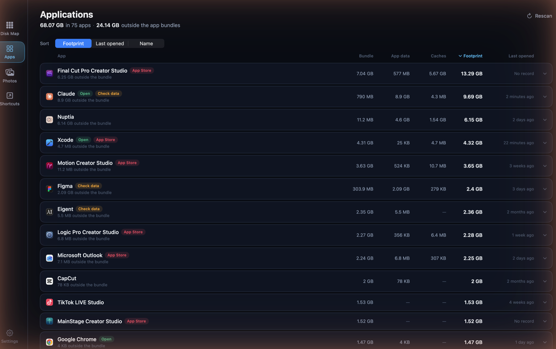 Unli Disk's Applications screen: 68.07 GB across 75 apps and 24.14 GB outside the app bundles, sortable by Footprint, Last opened or Name, listing each app's bundle, app data, caches and total footprint.