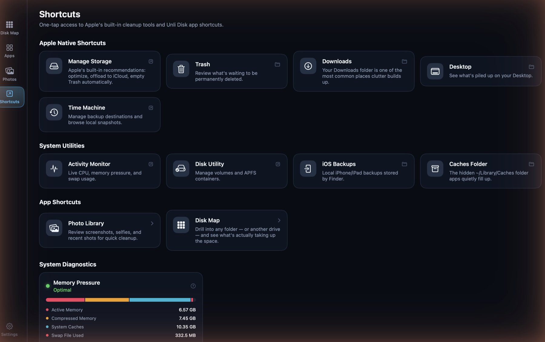 Unli Disk's Shortcuts screen: one-tap links to Apple's own Manage Storage, Trash, Downloads, Desktop, Time Machine, Activity Monitor and Disk Utility, plus in-app shortcuts to Photo Library and Disk Map, and a live Memory Pressure gauge.