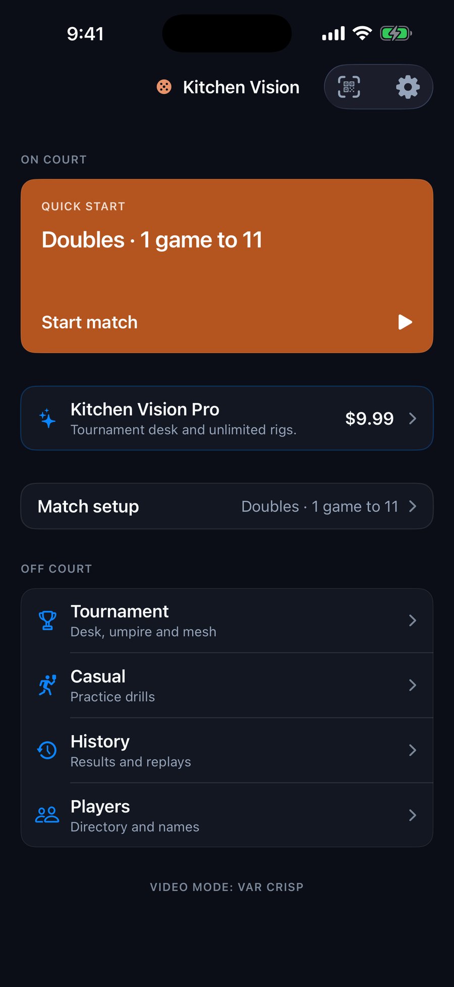 Kitchen Vision Home screen with Quick Start, Kitchen Vision Pro, match setup and off-court tools