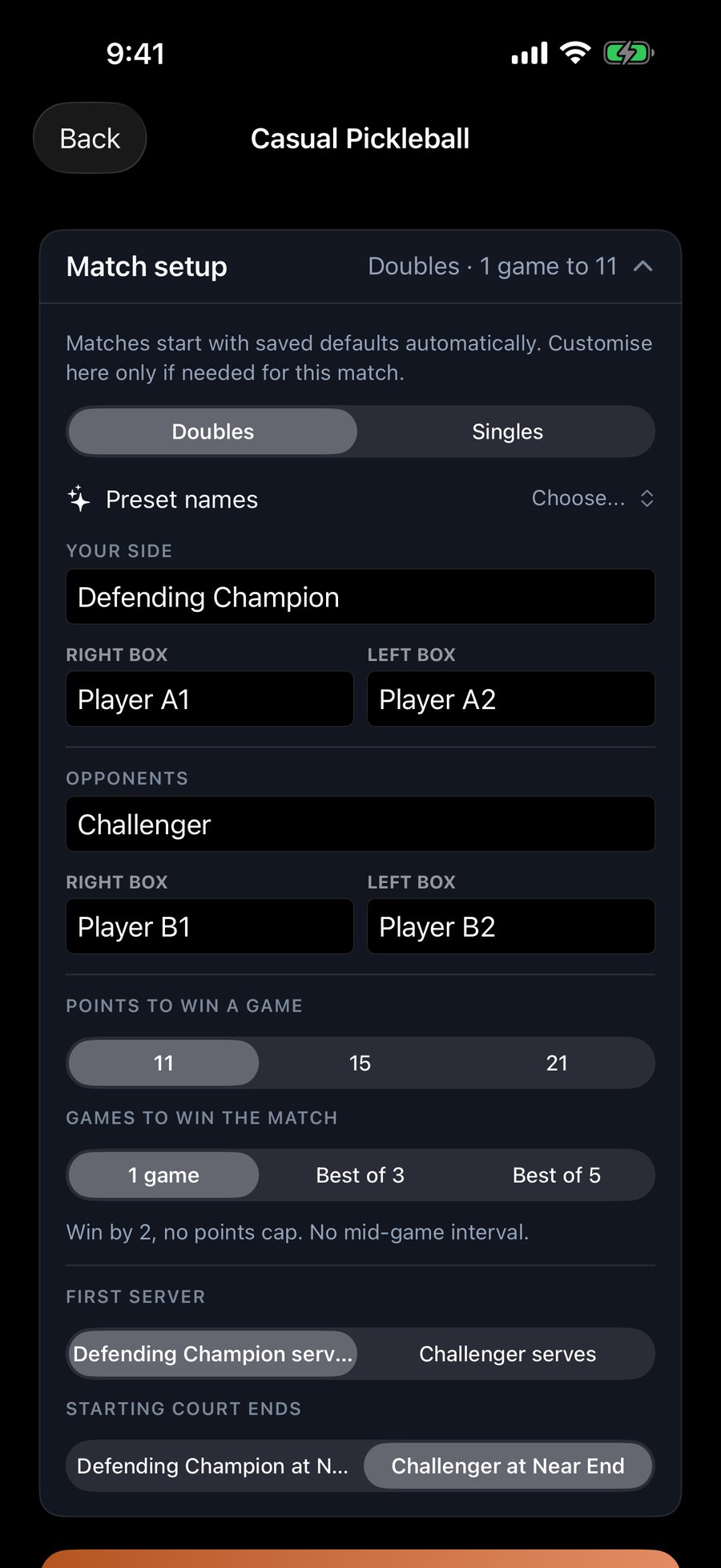 Kitchen Vision match setup with preset team names Defending Champion vs Challenger