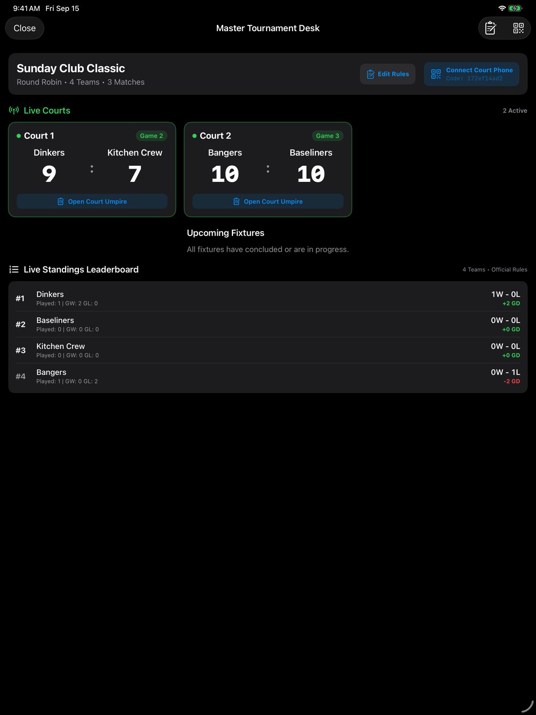 Kitchen Vision Master Tournament Desk on iPad with live courts and standings