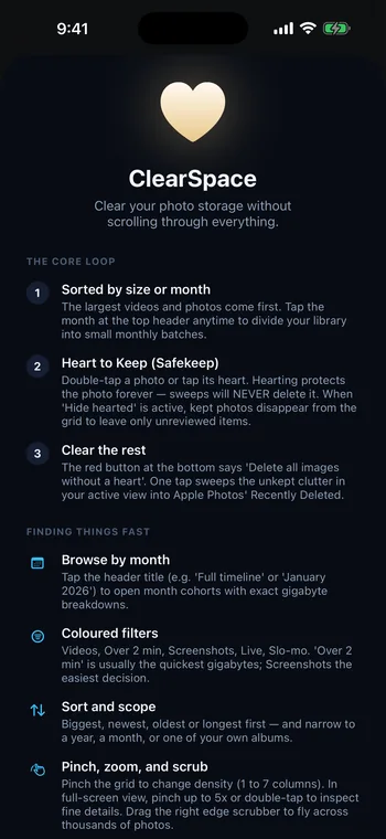 ClearSpace: the core loop spelled out — sorted by size or month, heart to keep, then clear the rest