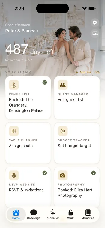 Wedding Concierge on iPhone: the wedding board, with the venue and photographer already booked and the guest list, seating and budget still open