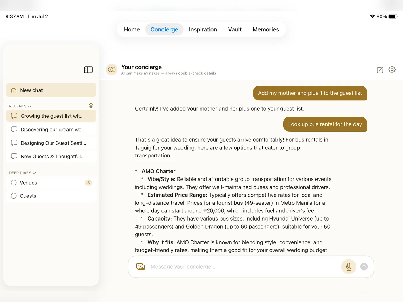 Wedding Concierge: the AI Concierge on iPad, answering a bus-rental question with real local operators, capacities and prices rather than invented ones