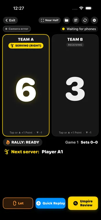 Shuttle Vision: the match scoreboard, showing which team serves and from which box
