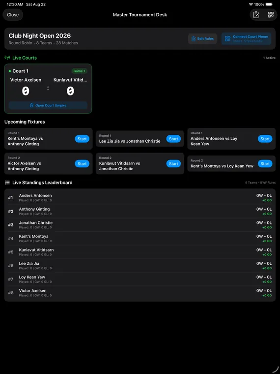 Shuttle Vision: the tournament desk on iPad, running live courts, fixtures and a standings leaderboard