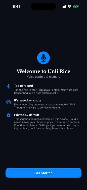 Unli Rice Capture: the welcome screen, explaining one-tap recording and on-device transcription