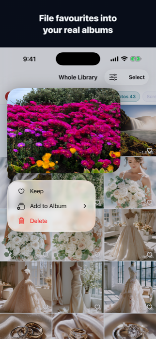 ClearSpace album filing menu: 'File favourites into your real albums', showing a context menu over the grid with Keep, Add to Album and Delete options.