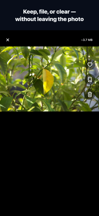 ClearSpace full-screen photo view: 'Keep, file, or clear — without leaving the photo', showing a photo with heart, add-to-album and delete controls along the right edge and its estimated size top right.