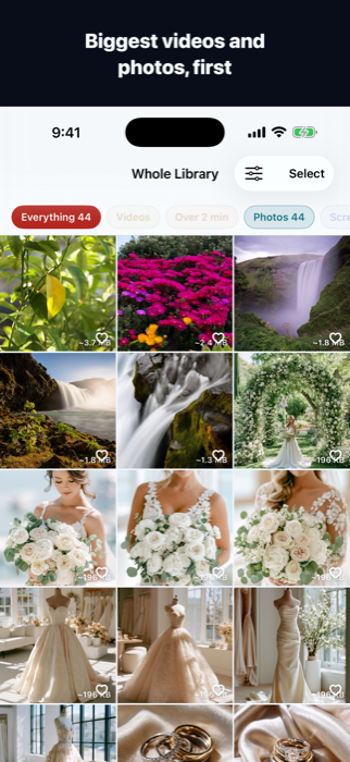 ClearSpace grid screen: 'Biggest videos and photos, first' with colour filter chips for Everything, Videos, Over 2 min and Photos above a grid of photos each tagged with an estimated size and a heart button.
